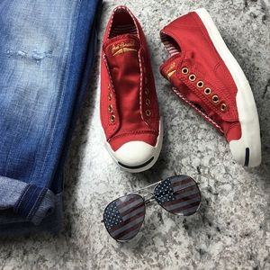 Converse Jack Purcell red lace less tennis shoes